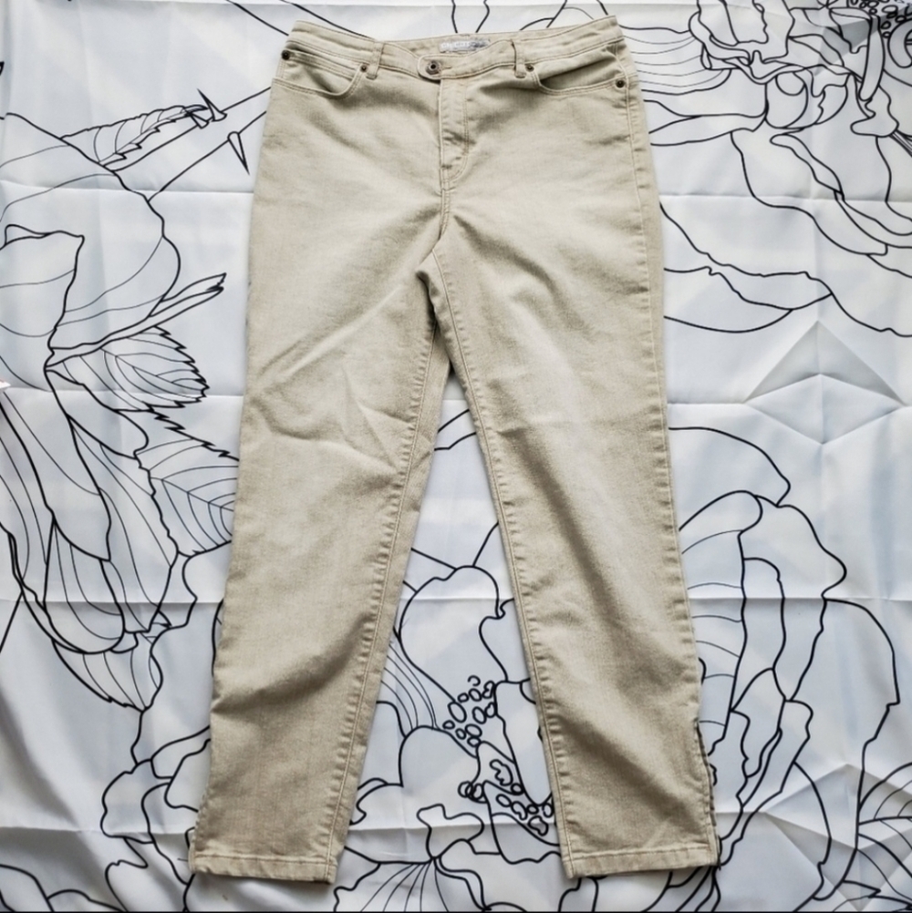 CHICO'S Platinum Tan Jean Capris Zipper Ankle Vanity Size 00 = Size 2 XS EUC